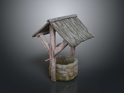 Traditional Stone Well With Wooden Roof And Rustic Frame Structure 3d model