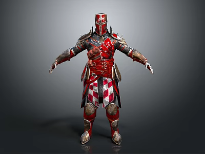 Man in Full Body Red and White Checkered Armor Standing with Arms Outstretched 3d model