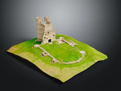 Ancient Castle Ruins Model With Green Grass Tower And Stone Structures 3d model