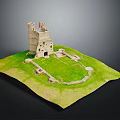 Ancient Castle Ruins Model With Green Grass Tower And Stone Structures 3d model