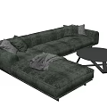 Comfortable Gray Sectional Sofa with Throw Pillows Blanket and Black Round Coffee Table 3d model