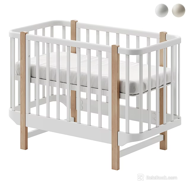 Modern Baby Crib With White Frame And Natural Wooden Elements 3d model 