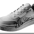 Stylish White Sneakers Showcasing Keith Haring Signature And Red Heart Accent