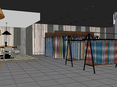 Vibrant Fabric Collection With Various Colors On Hanging Racks In Interior Space 3d model