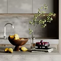Ornament Decor Combination With Wooden Bowl Pears Glass Vase Plants Plums Books On Kitchen Countertop