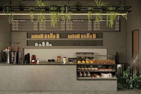 Industrial style cafe console milk tea shop workbench restaurant water bar coffee shop workbench cashier front desk bar stool coffee machine coffee grinder 3d model