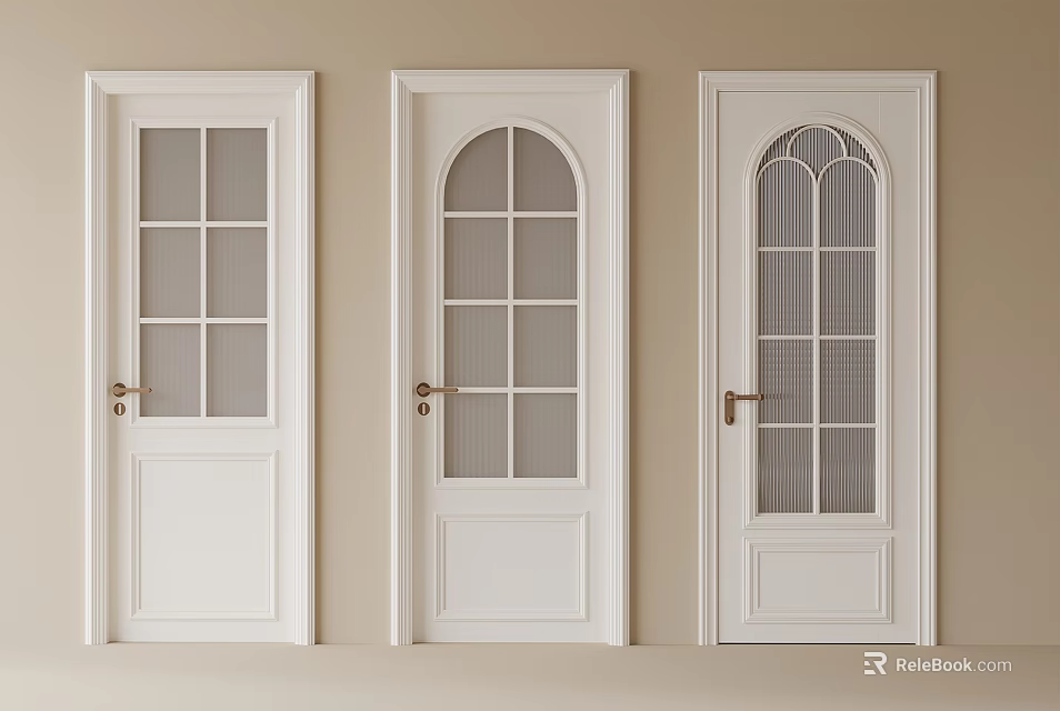 White Hinged Doors With Various Glass Panel Designs And Arched Top Details 3d model