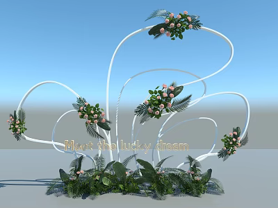 Floral Art Installation With White Curved Structures Pink Flowers And Green Plants 3d model