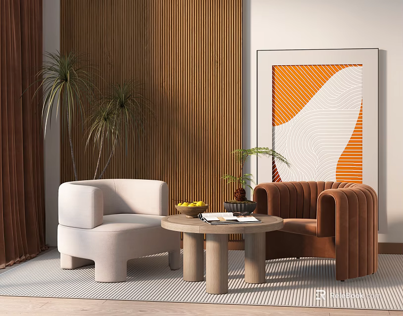 Two Comfortable White and Brown Lounge Chairs with Round Table Plants and Abstract Painting 3d model 