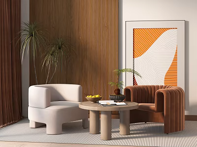 Two Comfortable White and Brown Lounge Chairs with Round Table Plants and Abstract Painting 3d model