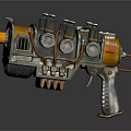 Futuristic Sci Fi Weapon With Mechanical Design Multiple Metallic Barrels And Orange Gray Color