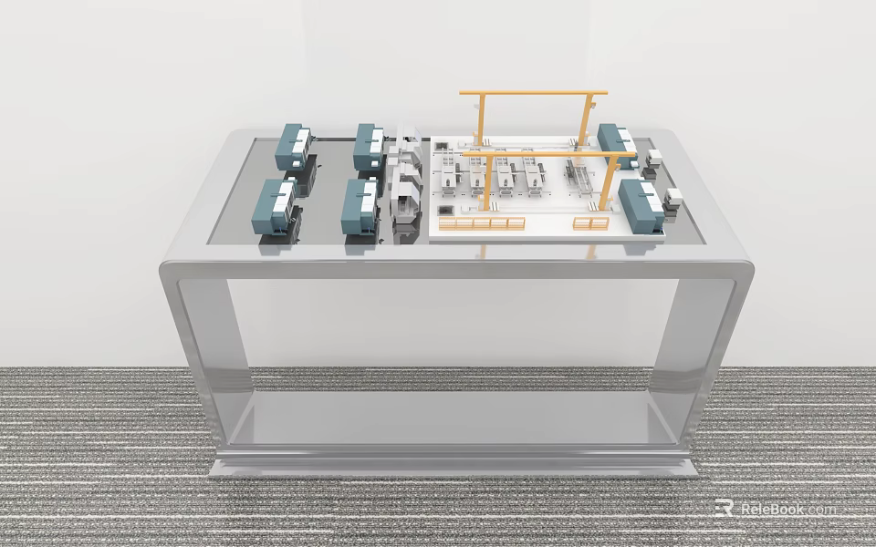 Architectural Sand Table Display With Transparent Stand Blue Modules And Yellow Framework 3d model