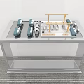 Architectural Sand Table Display With Transparent Stand Blue Modules And Yellow Framework 3d model