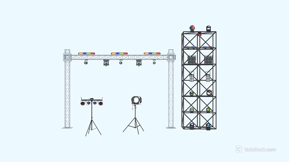 Studio Equipment Setup With Metal Frame Colorful Lights Tripods And Multi Layer Shelf 3d model