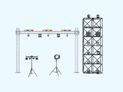 Studio Equipment Setup With Metal Frame Colorful Lights Tripods And Multi Layer Shelf 3d model