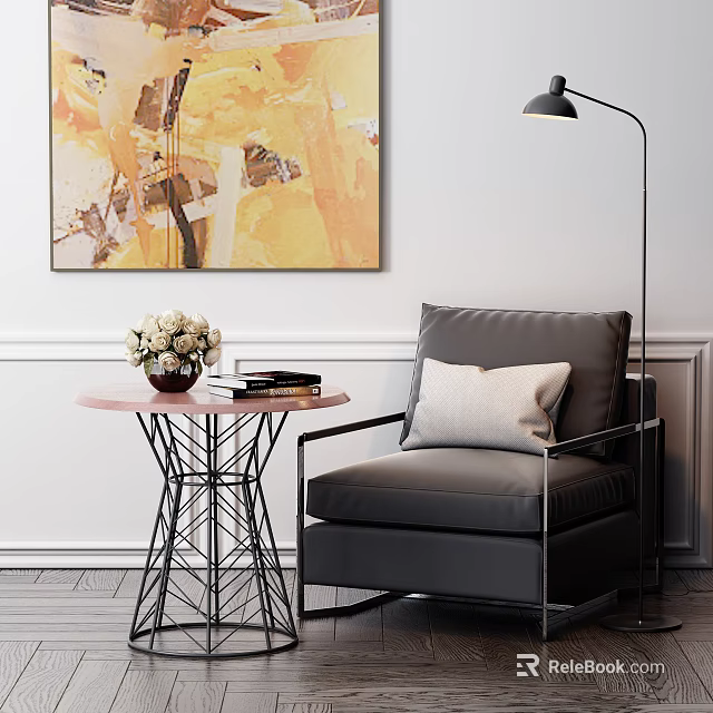 Gray Single Sofa With Side Table Vase Books Painting Floor Lamp In Modern Living Room 3d model 