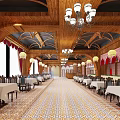 Traditional Restaurant Interior With Wooden Ceiling Chandeliers Long Tables And Patterned Floor