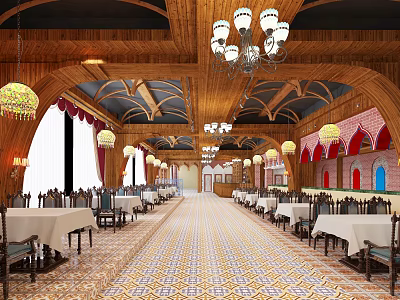 Traditional Restaurant Interior With Wooden Ceiling Chandeliers Long Tables And Patterned Floor 3d model