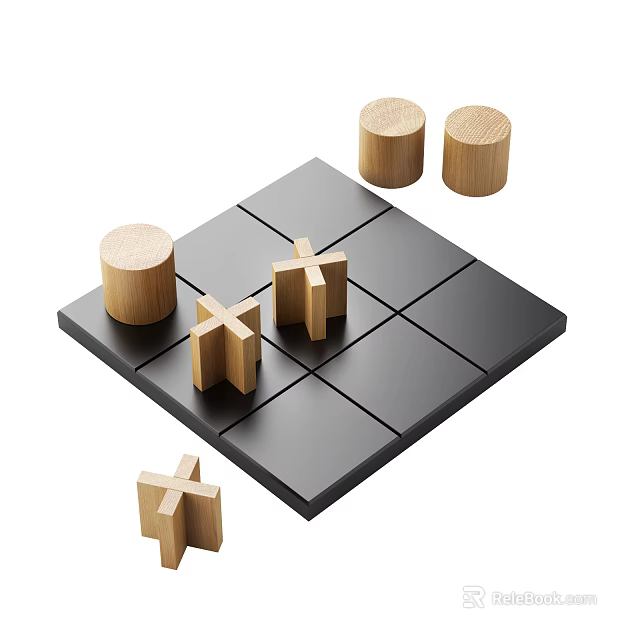 Wooden Cross And Cylindrical Pieces On Black Chessboard Game Set 3d model 