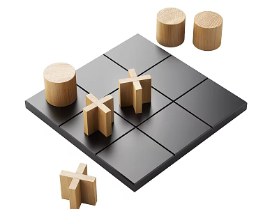 Wooden Cross And Cylindrical Pieces On Black Chessboard Game Set 3d model