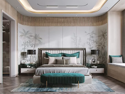 Elegant Modern Bedroom Interior With Green Velvet Bench Palm Tree Wall Decor And Bedside Lamps 3d model