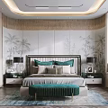 Elegant Modern Bedroom Interior With Green Velvet Bench Palm Tree Wall Decor And Bedside Lamps
