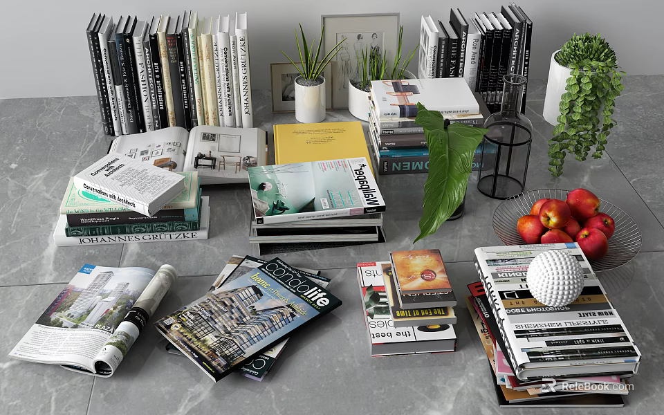 Stacked Books and Magazines with Green Plants and Fresh Fruits on Tabletop 3d model 
