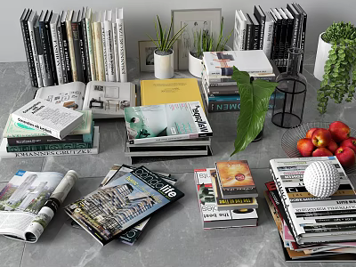 Stacked Books and Magazines with Green Plants and Fresh Fruits on Tabletop 3d model