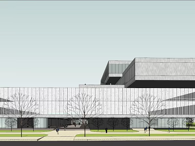 Modern Urban Building Exterior With Glass Curtain Wall Trees And Sidewalk 3d model