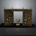 Vintage Wooden Display Cabinet With Carved Patterns And Central Decorative Vessel