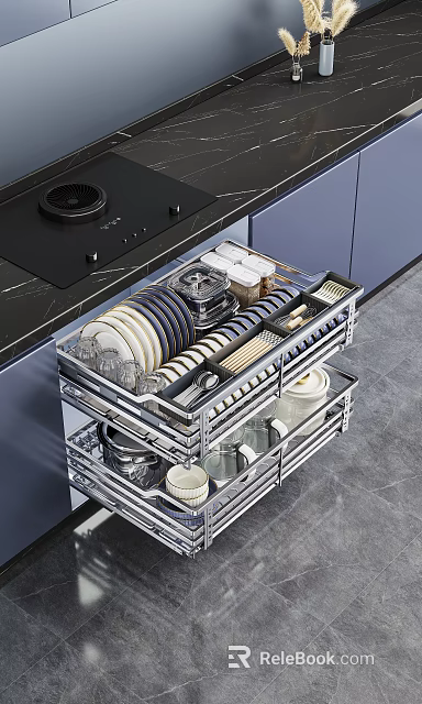 Modern Kitchen Cabinets Featuring Slide Out Double Drawer Storage For Dishes Utensils 3d model 