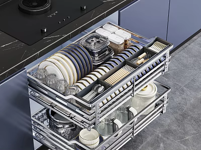 Modern Kitchen Cabinets Featuring Slide Out Double Drawer Storage For Dishes Utensils 3d model