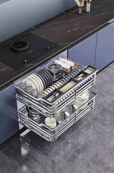 Modern Kitchen Cabinets Featuring Slide Out Double Drawer Storage For Dishes Utensils 3d model