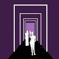 Elevator Hallway with Purple Illuminated Lines and Mirror Surfaces Where People Walk Through Modern Design
