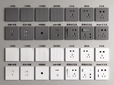 Gray and White Switch Panels with Single Double Multi Control and USB Power Sockets 3d model