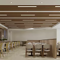 Spacious Modern Restaurant Interior With Wooden Ceiling Lighting Fixtures Dining Counters And Marble Walls
