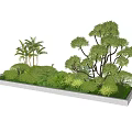 Outdoor Flower Bed And Planter With Green Trees Shrubs And Palm Plants In Stone Border