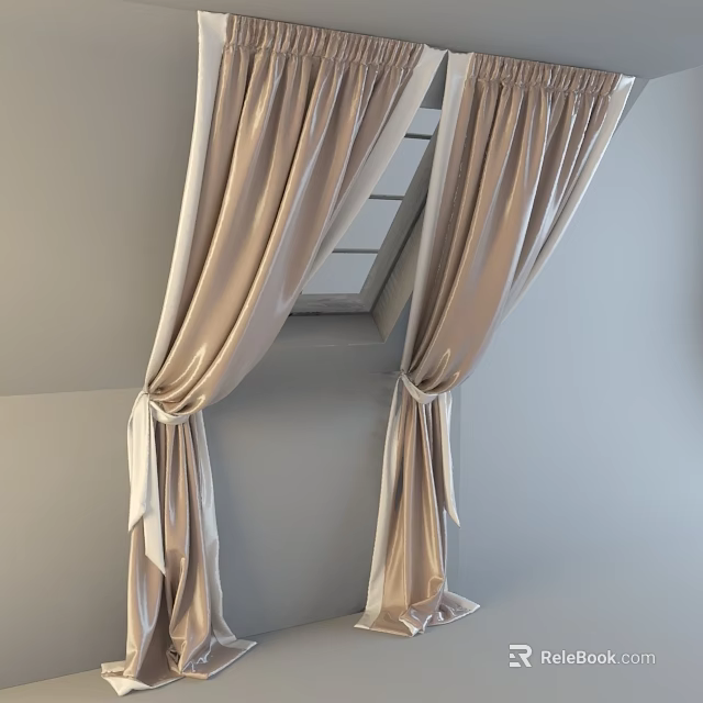 Soft Beige Curtains Tied Back For Sloped Attic Window Home Interior 3d model 