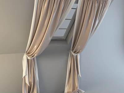 Soft Beige Curtains Tied Back For Sloped Attic Window Home Interior 3d model