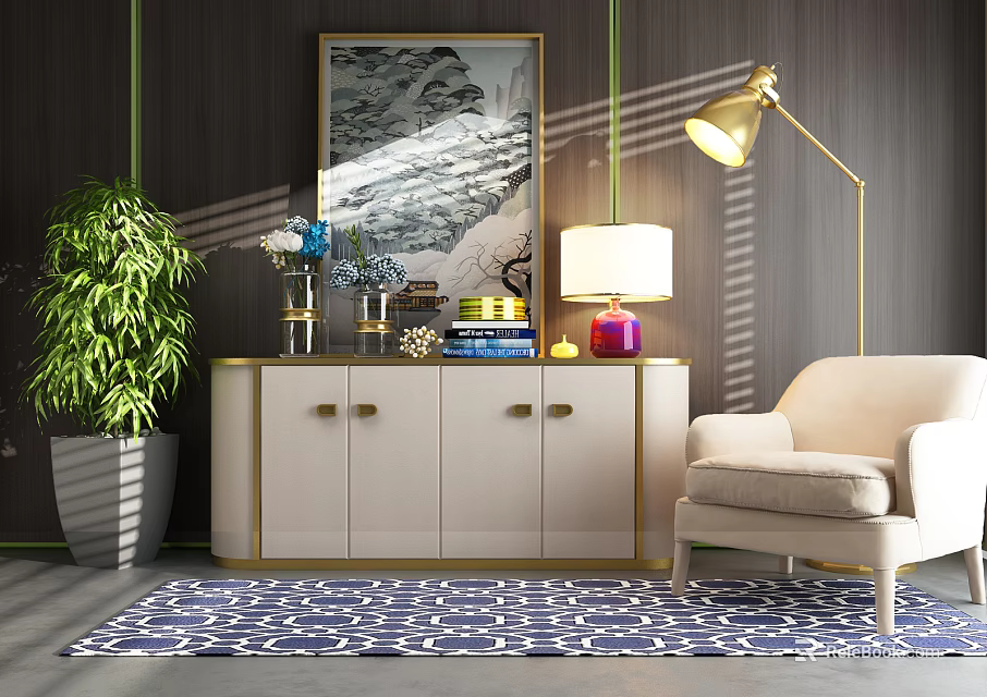 Elegant Console Cabinet With Gold Trim Decor Items Beige Chair Blue Rug And Green Plant 3d model 