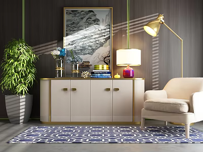 Elegant Console Cabinet With Gold Trim Decor Items Beige Chair Blue Rug And Green Plant 3d model