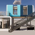 Modern Mall Store Exterior Design With Blue Black Structure Balcony And Staircase