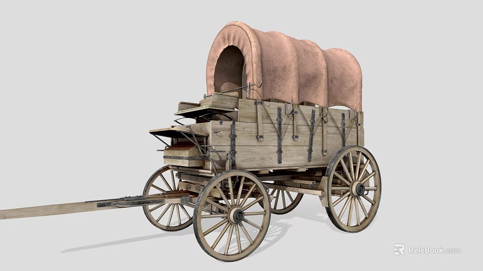 Antique Wooden Covered Wagon With Large Spoked Wheels And Canopy 3d model 