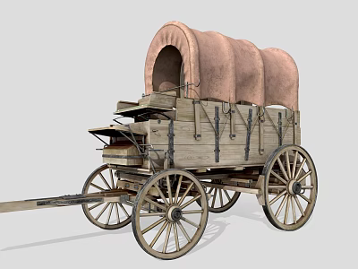 Antique Wooden Covered Wagon With Large Spoked Wheels And Canopy 3d model