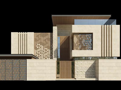 Modern Single Family Villa With Geometric Patterns Wooden Entrance And Stone Walls 3d model