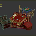 Cozy Living Setup With Red Sofa Red Coffee Table Checkerboard Table Chairs Rug And Stool