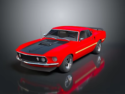 Red Classic Two Door Sports Car With Black Hood Yellow Stripe On Reflective Surface 3d model
