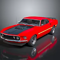Red Classic Two Door Sports Car With Black Hood Yellow Stripe On Reflective Surface