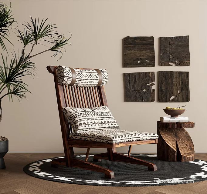 Stylish Wooden Lounge Chair With Geometric Cushions Side Table Palm Plant And Wooden Wall Art 3d model 
