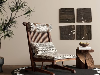 Stylish Wooden Lounge Chair With Geometric Cushions Side Table Palm Plant And Wooden Wall Art 3d model